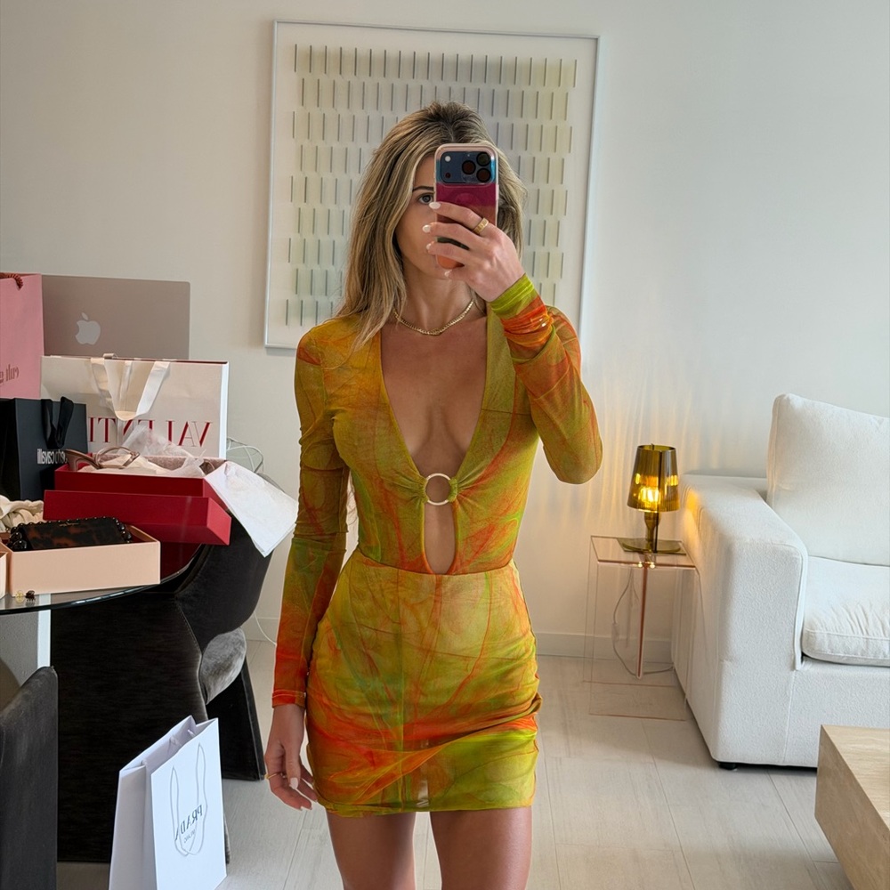 Farai London Green and Orange Plunge Mini Dress